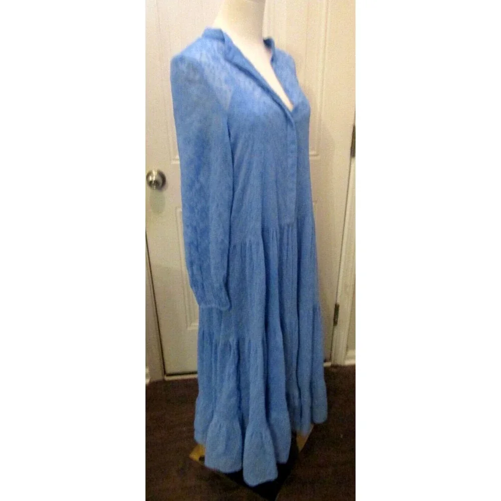 H&M Maxi Dress Blue Embroidered Tiered Cuff Sleeves Slip Lining Size 6 - Picture 7 of 8